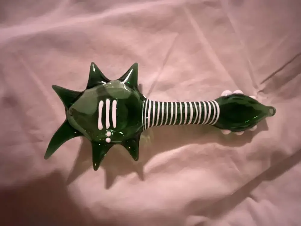 Art Glass Handblown Spiked Green Piece White Striped Stem